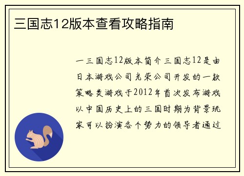 三国志12版本查看攻略指南